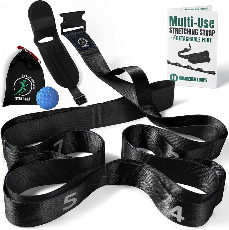 STRECTRA Stretch Strap with Loops Physical Therapy - Full Body Exercise Straps for Stretching with Detachable Foot - Leg & Calf Stretcher for Plantar Fasciitis, Physical Therapy, Pain Relief, and Flexibility - Image 1